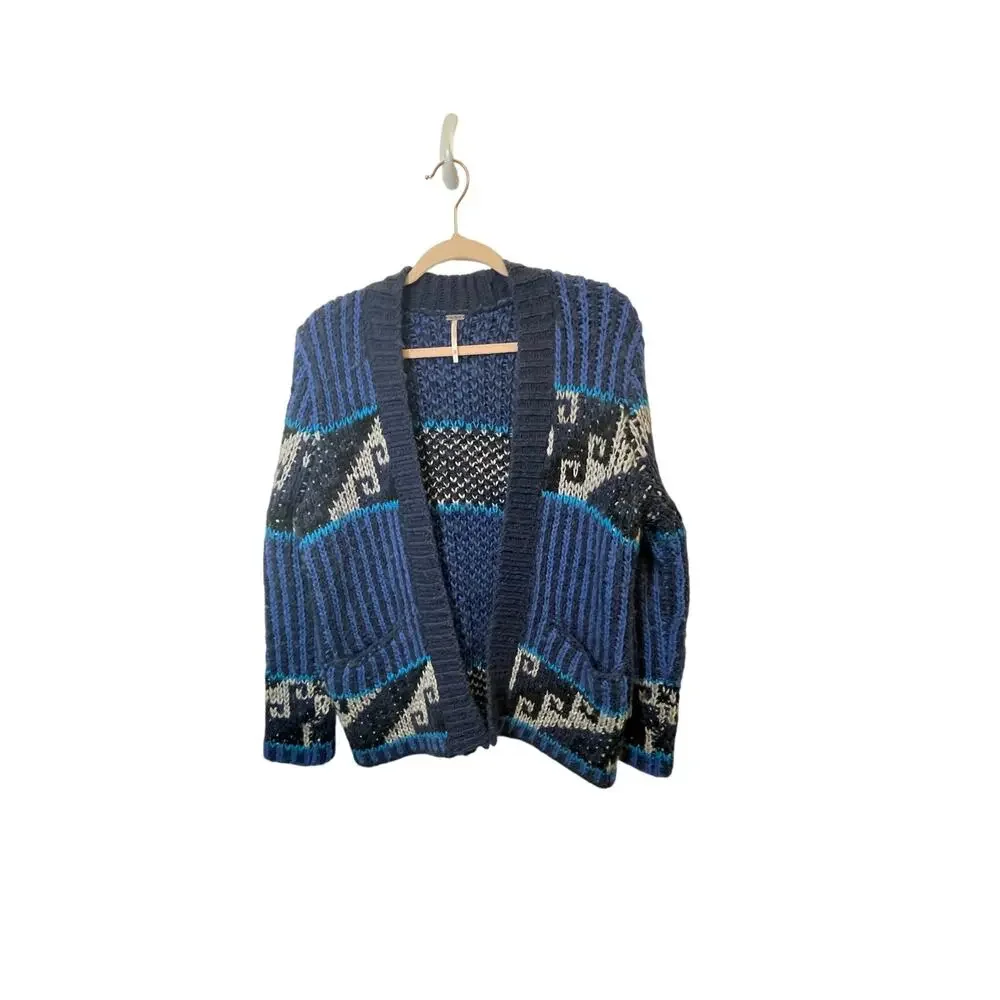 Blue Free People Time and Again Cardigan Fair Isle Wool XS Coastal Grandma